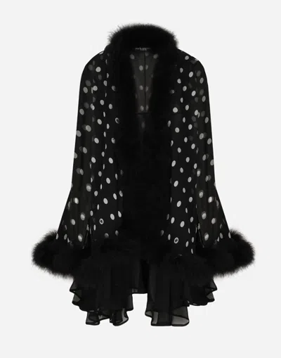 DOLCE & GABBANA CHIFFON CAPE WITH POLKA-DOT PRINT AND MARABOU TRIM