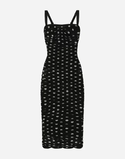 DOLCE & GABBANA TULLE CALF-LENGTH SHEATH DRESS WITH DRAPING AND POLKA-DOT PRINT