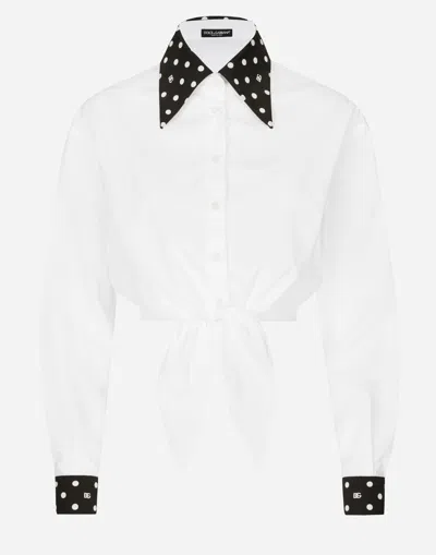 DOLCE & GABBANA CROPPED COTTON POPLIN SHIRT WITH KNOT DETAIL AND POLKA-DOT PRINT