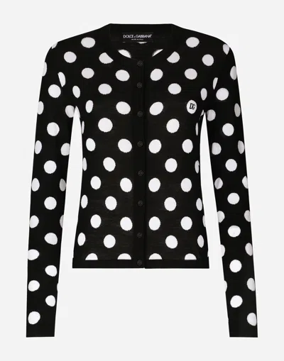 DOLCE & GABBANA WOOL AND SILK CARDIGAN WITH POLKA-DOT INLAY