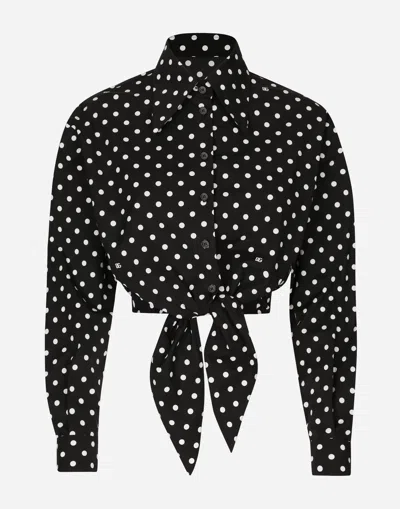 DOLCE & GABBANA CROPPED COTTON POPLIN SHIRT WITH KNOT DETAIL AND POLKA-DOT PRINT