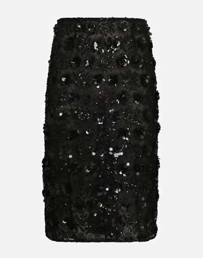 DOLCE & GABBANA LACE CALF-LENGTH SKIRT WITH ALL-OVER SEQUINS