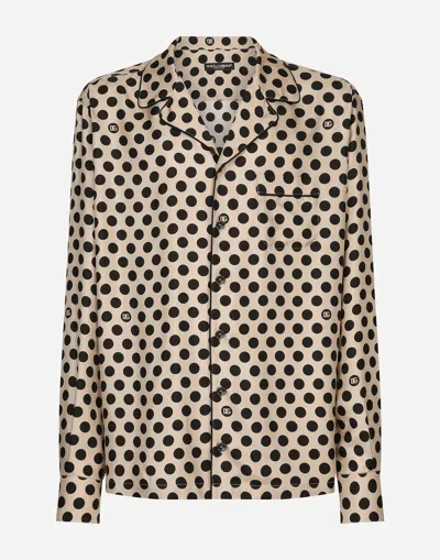 DOLCE & GABBANA SILK SHIRT WITH POLKA-DOT PRINT AND DG LOGO