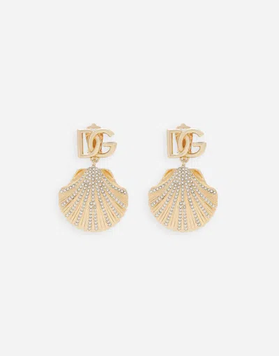 Dolce & Gabbana Earrings With Rhinestone-detailed Shell And Dg Logo In ゴールド