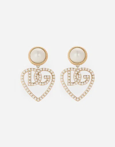 Dolce & Gabbana Drop Earrings With Cabochon Details And Dg Logo Heart In ゴールド