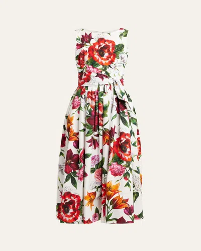 Dolce & Gabbana Anemone Floral Pleated Popeline Midi Dress With Belt In Multi