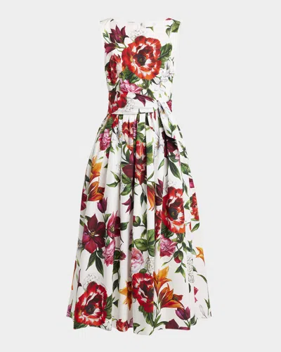 Dolce & Gabbana Anemone Floral Pleated Popeline Midi Dress With Belt In Multi