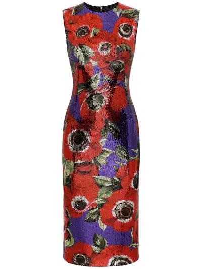 Dolce & Gabbana Anemone-print Sequinned Dress In Red