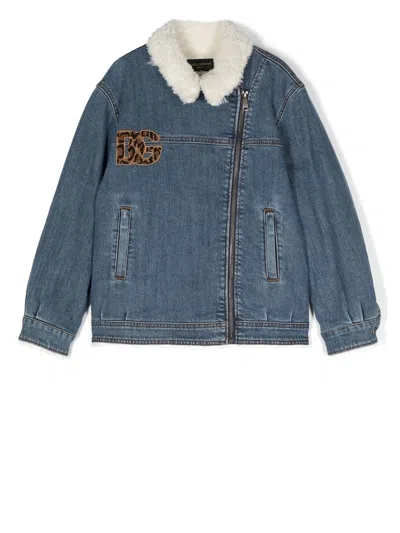 Dolce & Gabbana Kids' Animal-embroidery Sherpa Jacket In Blue