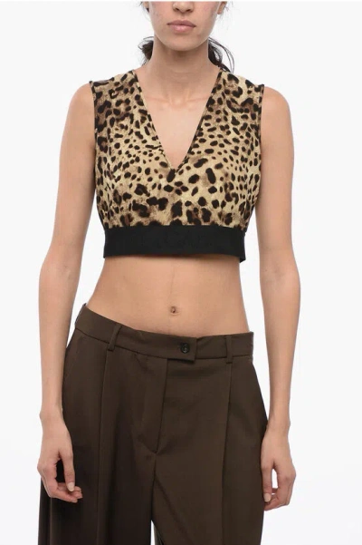 Dolce & Gabbana Animal Patterned Silk Crop Top With Logoed Elastic Waistband In Brown