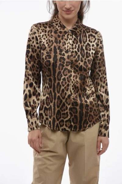 Dolce & Gabbana Animal Patterned Silk Shirt With Ruond Collar In Brown