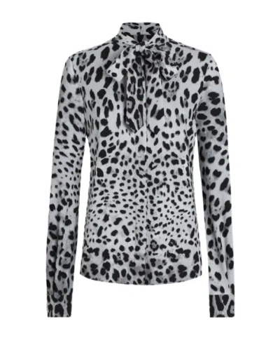 DOLCE & GABBANA DOLCE  GABBANA LEOPARD PRINTED PUSSY-BOW CHARMEUSE SHIRT