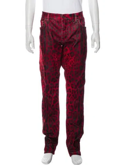 Pre-owned Dolce & Gabbana Animal Print Corduroy Pants In Red