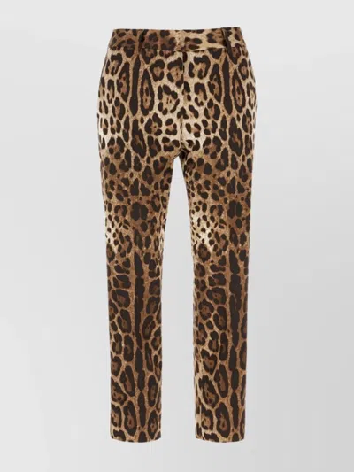 Dolce & Gabbana Animal Print Cotton Blend Trousers In Brown