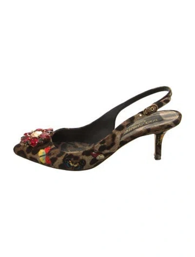 Pre-owned Dolce & Gabbana Animal Print Crystal Embellishments Slingback Pumps In Brown