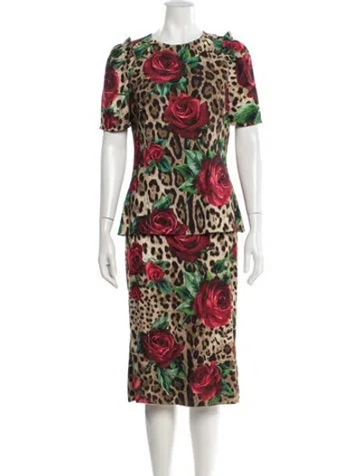 Pre-owned Dolce & Gabbana Animal Print Grosgrain Trim Skirt Set In Brown