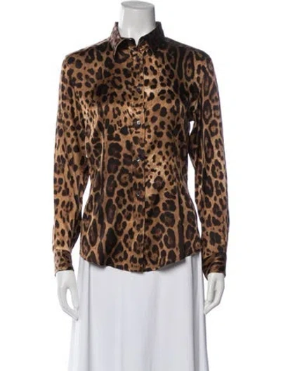 Pre-owned Dolce & Gabbana Animal Print Long Sleeve Button-up Top In Brown