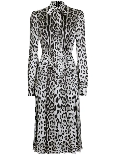 Dolce & Gabbana Satin Calf-length Shirt Dress With Pussy-bow And Leopard Print