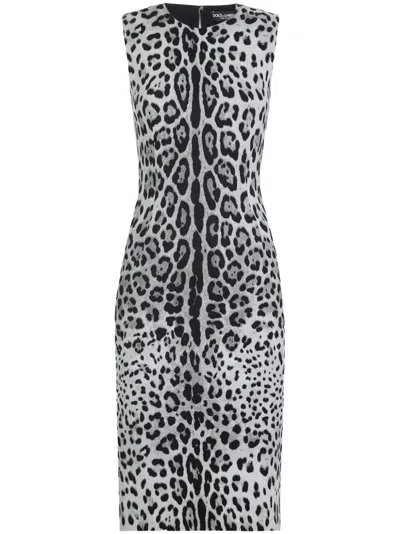 Dolce & Gabbana Leopard Print Sleeveless Midi Dress In Leo Black Background Gray