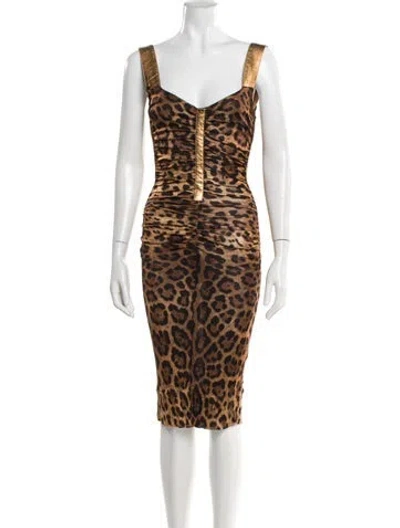 Pre-owned Dolce & Gabbana Animal Print Midi Length Dress In Brown