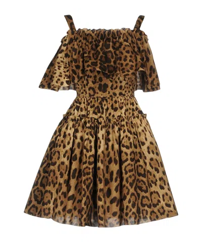 Dolce & Gabbana Animal Print Short-sleeve Dress In Brown