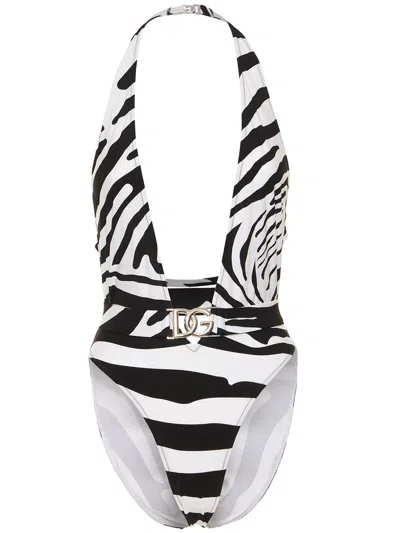 Dolce & Gabbana Animal Print Swimsuit With Deep Neckline In Multi