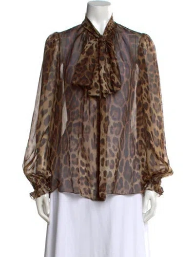 Pre-owned Dolce & Gabbana Animal Print Tie Neck Blouse In Brown