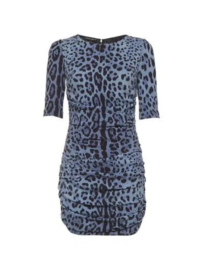 Pre-owned Dolce & Gabbana Animal-print Ruched Mini Dress In Blue