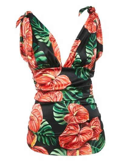 Pre-owned Dolce & Gabbana Anthurium-print Ruched Top In Black