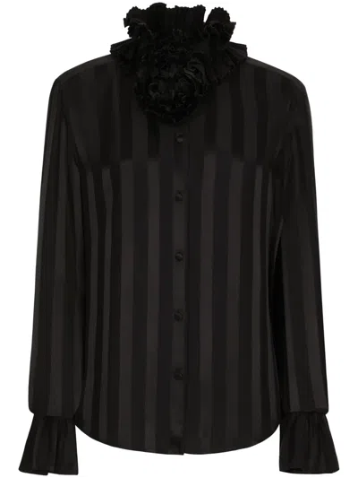 DOLCE & GABBANA APPLIQUÉ-DETAIL STRIPED SILK BLOUSE