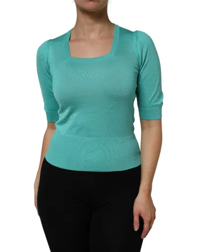 Pre-owned Dolce & Gabbana Aqua Blue Silk Short Sleeves Square Neck Women's Top ()