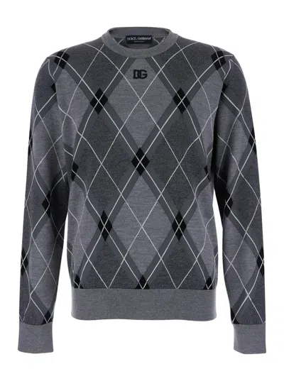 Dolce & Gabbana Men Grey Crew Neck Sweater With Front Logo And Diamond Pattern In Wool Blend Man In Gray