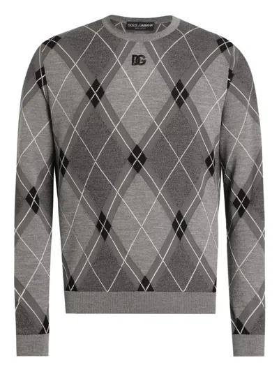 Dolce & Gabbana Argyle-pattern Logo-detail Sweater In Gray