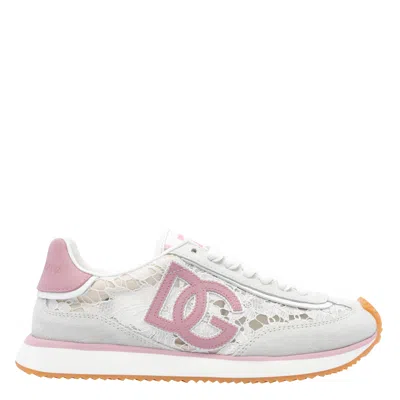 Dolce & Gabbana Dg Cushion Sneakers In Lace And Fabric In Multi
