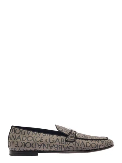 DOLCE & GABBANA 'ARIOSTO' BEIGE LOAFERS WITH LOGO PLAQUE IN COATED CANVAS MAN