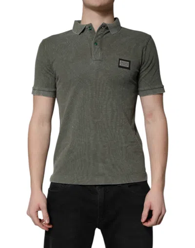 Dolce & Gabbana Army Green Logo Plaque Cotton Polo Shirt T-shirt In Black