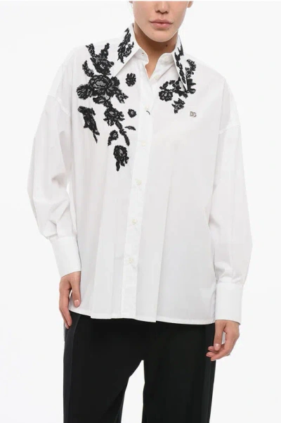 Dolce & Gabbana Asymmetric Oversized Shirt With Floral Lace In Optic White
