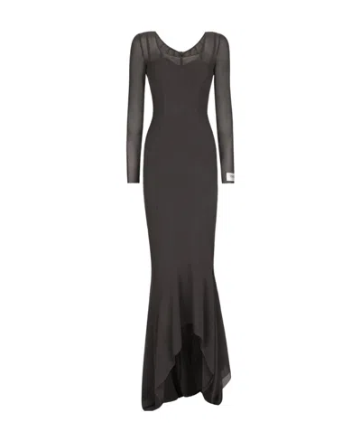 Dolce & Gabbana Asymmetric Sheer Floor-length Dress In Black