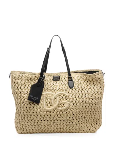 Dolce & Gabbana Atene Logo-plaque Raffia-effect Tote Bag In Neutral
