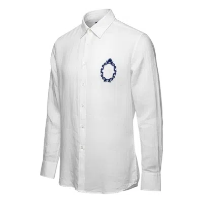 Pre-owned Dolce & Gabbana Authen  Heraldic Patch White Linen Shirt Eu 44 Xl Blue Embroidery