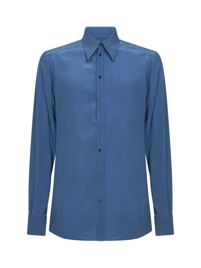 Dolce & Gabbana Avio Blue Silk Crêpe De Chine Gold Shirt