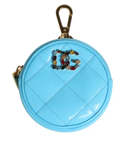 Dolce & Gabbana Azure Blue Leather Round Coin Purse Keychain Crystal Logo Women's Wallet
