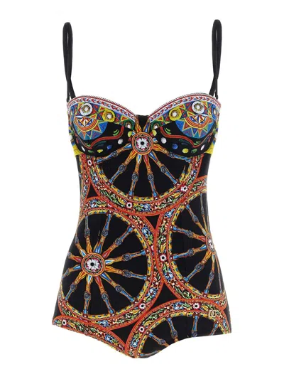 Dolce & Gabbana Carretto-print Balconette One-piece Swimsuit In Multi