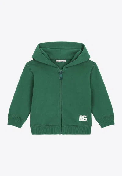 Dolce & Gabbana Babies' Logo-print Zip-up Cotton Hoodie In Green