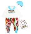 Dolce & Gabbana Baby Cotton Onesie, Bib And Beanie Set In Multicoloured