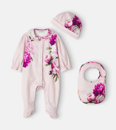 Dolce & Gabbana Baby Floral Cotton Onesie, Beanie, And Bib Set In Pink