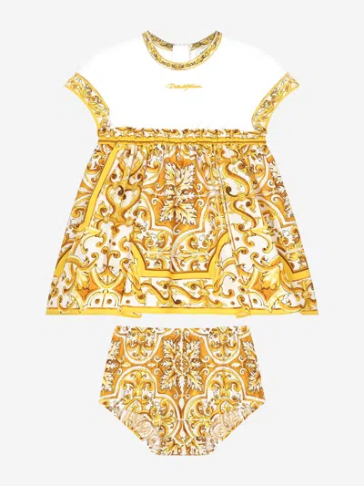 Dolce & Gabbana Babies' Poplin And Jersey Dress With Yellow Majolica Print