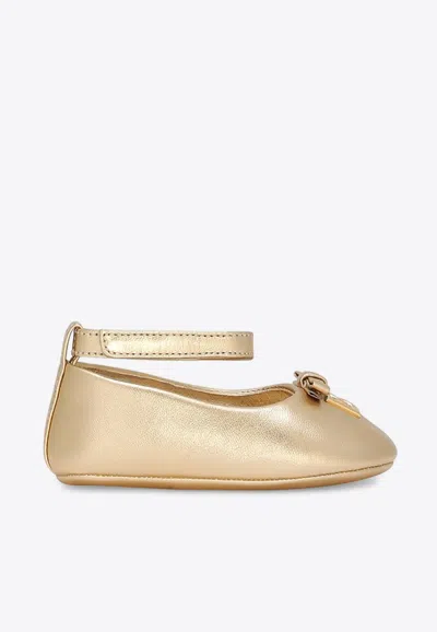 Dolce & Gabbana Babies' Logo-plaque Foiled Ballerina Shoes In Gold