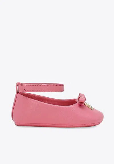 Dolce & Gabbana Babies' Logo-plaque Leather Ballerina Shoes In Pink