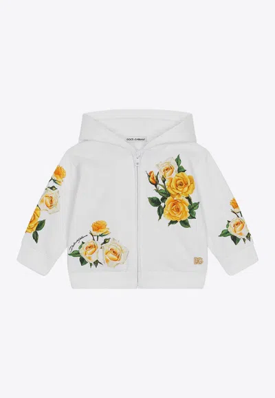 Dolce & Gabbana Babies' Rose-print Hooded Jacket In White